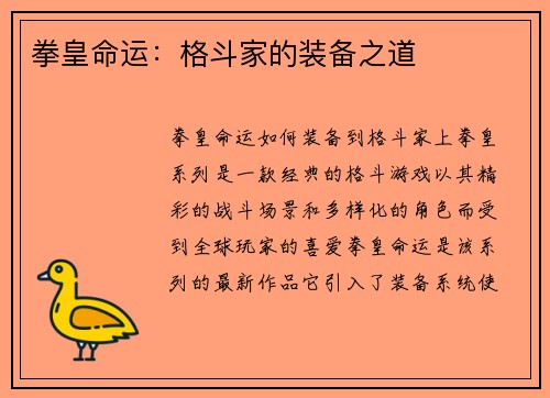 拳皇命运:格斗家的装备之道