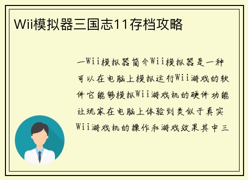Wii模拟器三国志11存档攻略